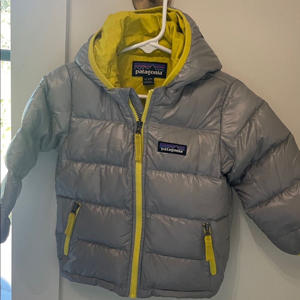 Patagonia Silver and Yellow Hi-Loft Down Sweater Hoody 12-18 mo - Rare color!